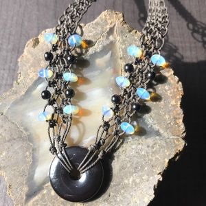 Handmade Macramé Hematite and Opalite Beaded Necklace/Choker